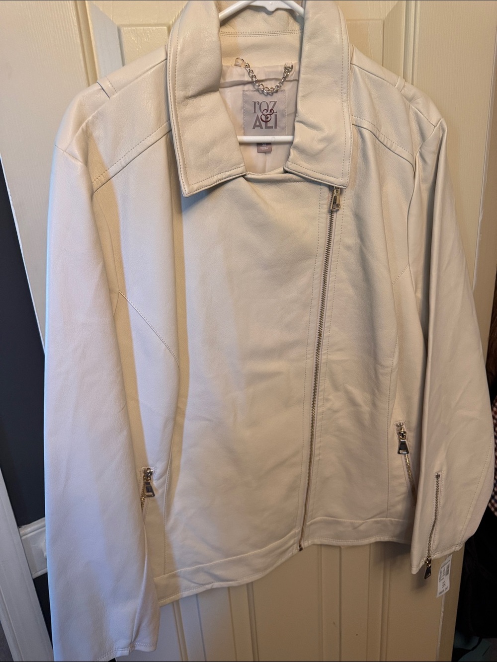 Roz & Ali Cream Leather Asymmetrical Zip Jacket